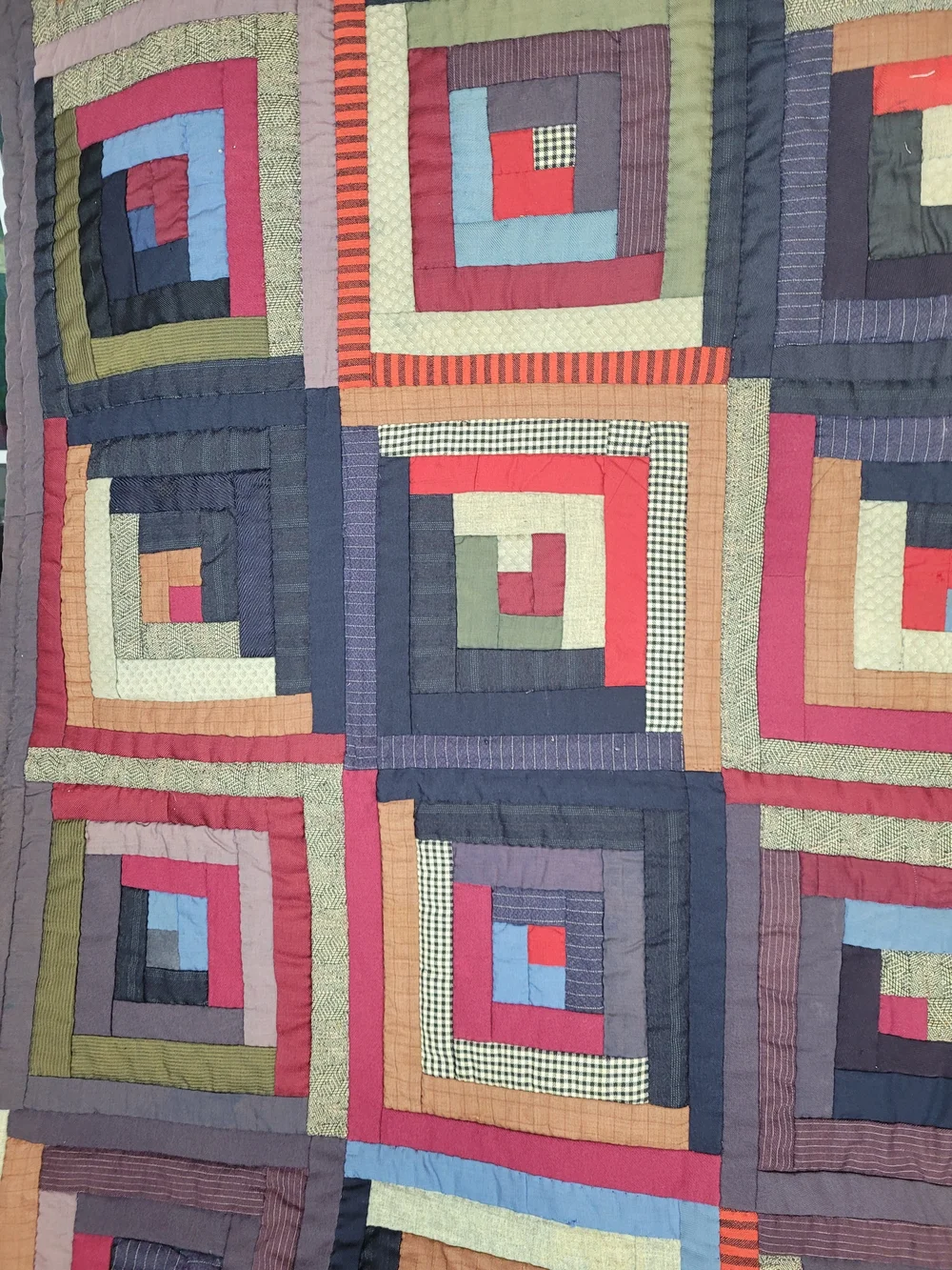 Artisanal Multicolor Log Cabin Quilt - Deep Navy, Burgundy & Olive Accents
